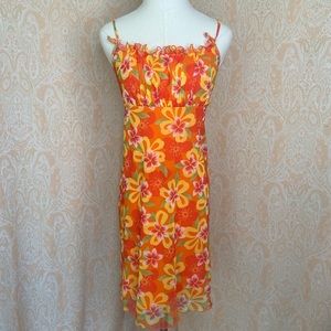 Y2K orange and yellow floral hibiscus dress